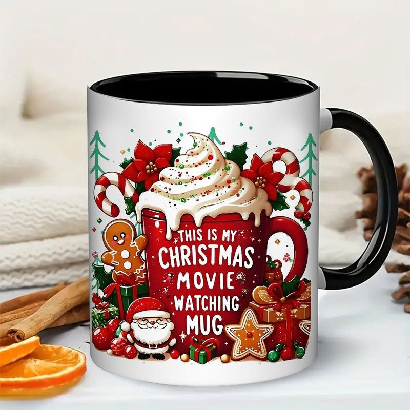 Tailorly Black Accent 11 oz Mug - festive santa gingerbread candy canes poinsettias