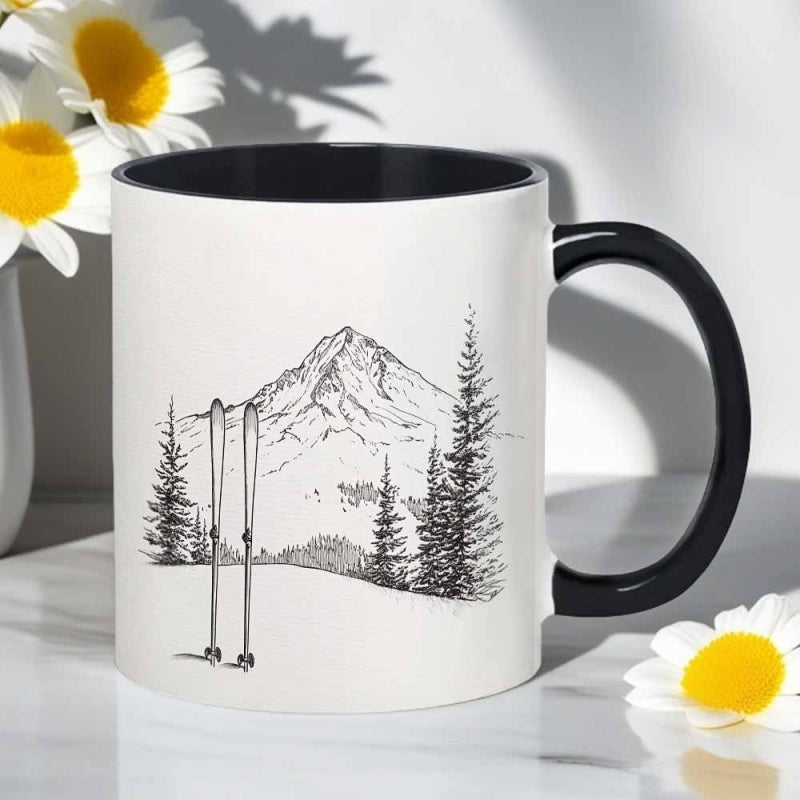 Tailorly Black Accent 11 oz Mug - black and white illustration of a ski mountain landscape