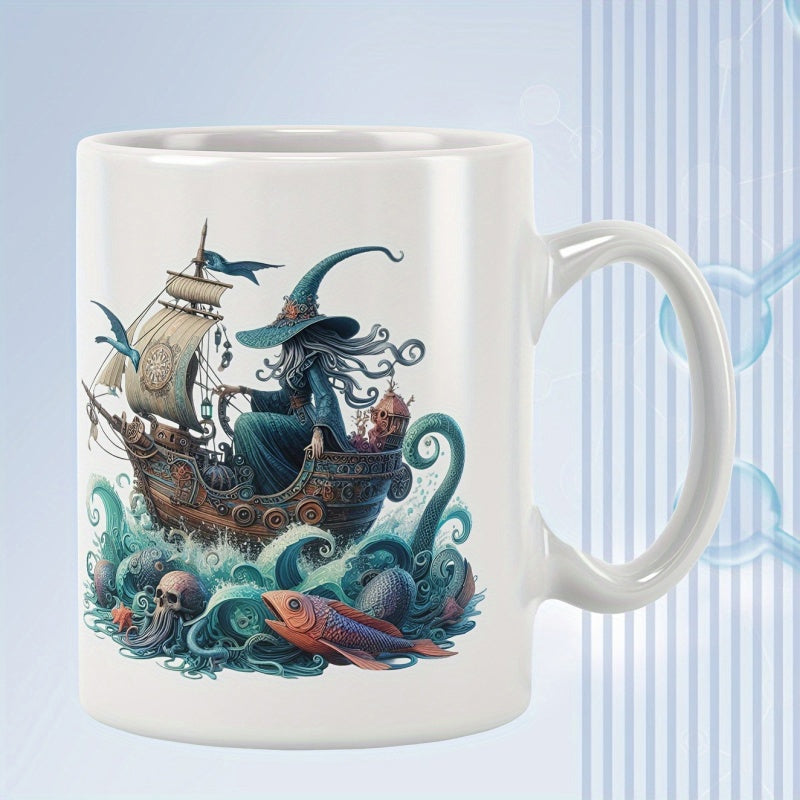 Tailorly White Ceramic 11 oz Mug - Mystic Wizard Sailing A Vintage Wooden Galleon Through Turbulent Sea Waves Vessel