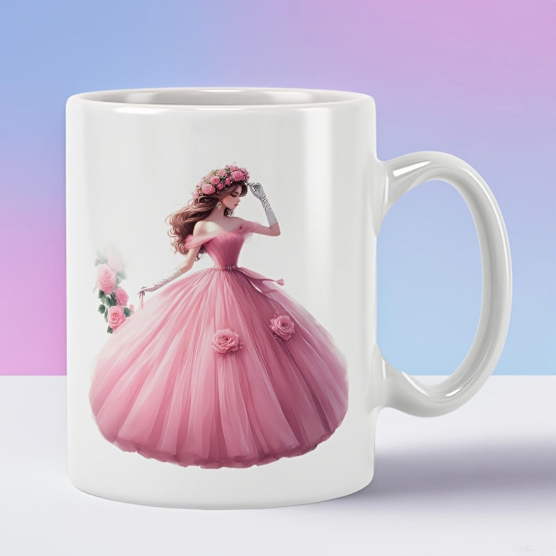 Tailorly White Ceramic 11 oz Mug - Elegant Lady Wearing Flowing Pink Gown With Delicate Floral Accents Princess