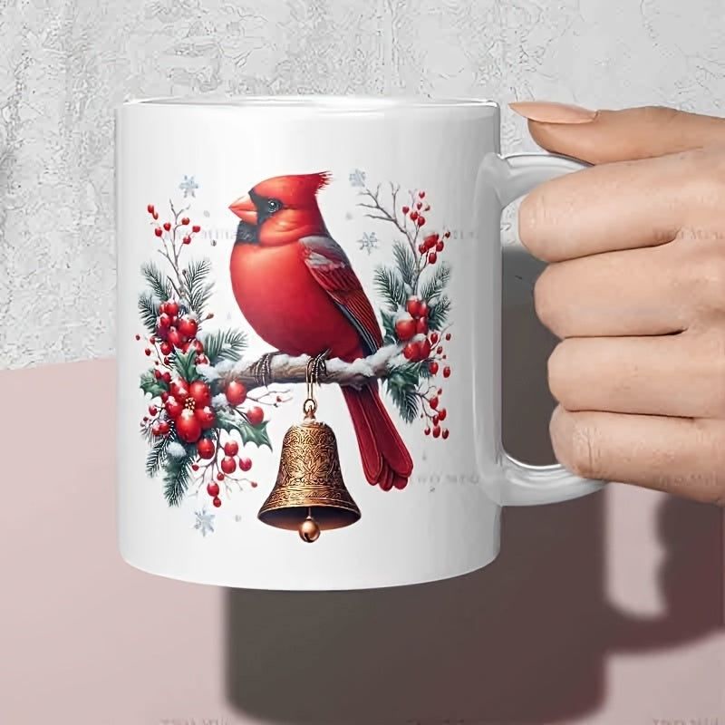 Tailorly White Ceramic 11 oz Mug - Vibrant Red Bird Perched On Snowy Pine Branch With Golden Bell Cardinal