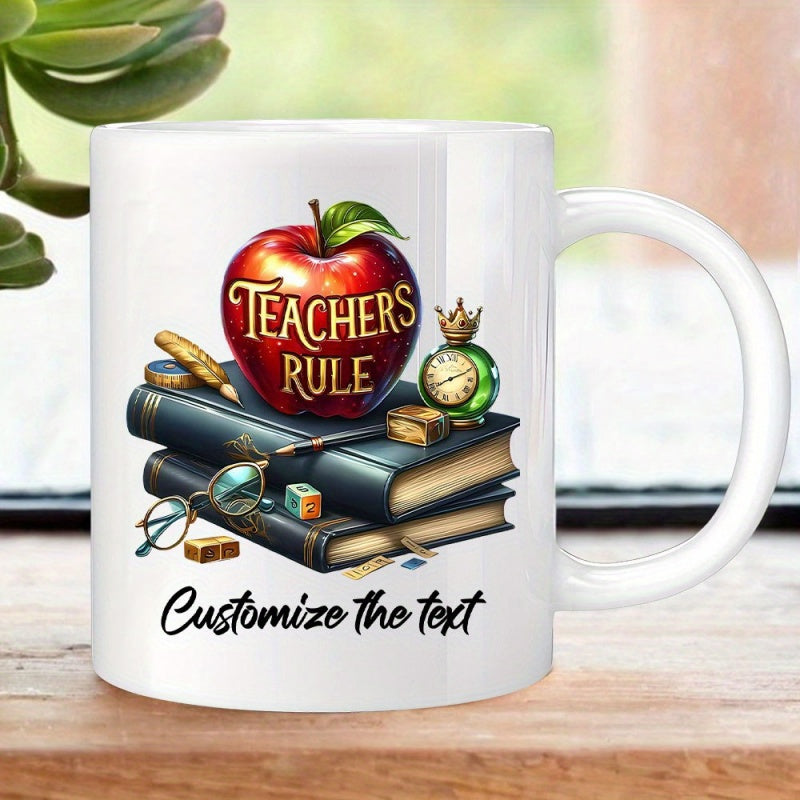 Tailorly White Ceramic 11 oz Mug - Teachers Rule Vibrant Red Fruit Resting On Detailed Scholarly Leather Bound Books Apple