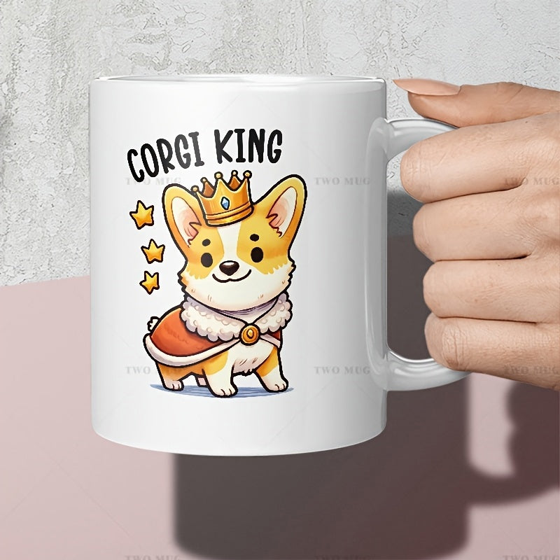 Tailorly White Ceramic 11 oz Mug - Corgi King Adorable Cartoon Royal Puppy Wearing Golden Crown And Red Majestic Cape Corgi