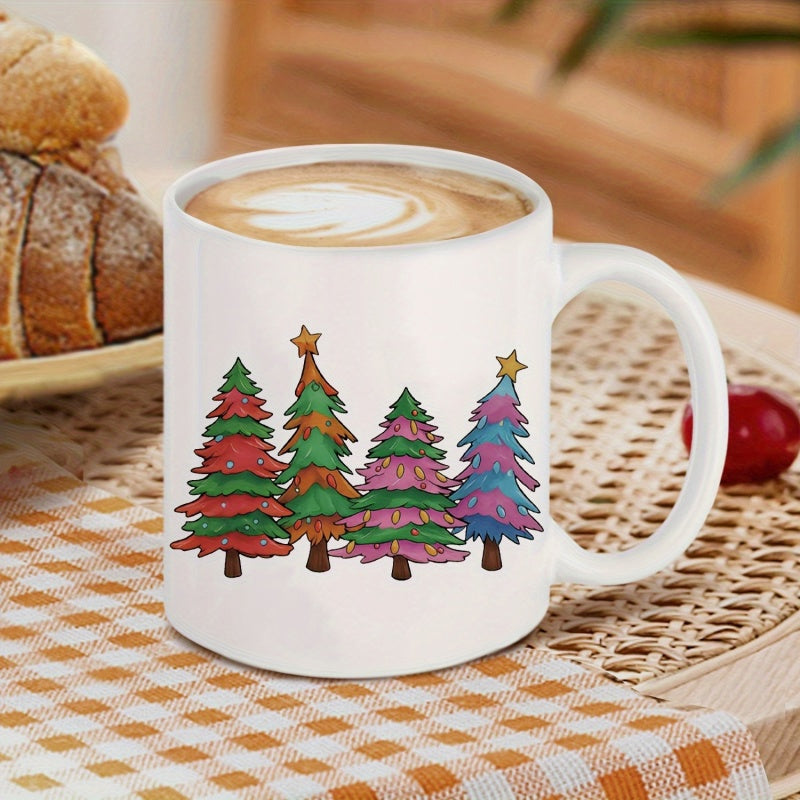 Tailorly White Ceramic 11 oz Mug - Row Of Colorful Hand Drawn Evergreen Trees Topped With Golden Shining Stars Tree