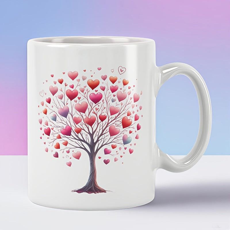 Tailorly White Ceramic 11 oz Mug - Blooming Romantic Garden Design Featuring Red Pink Hearts On A Delicate Tree