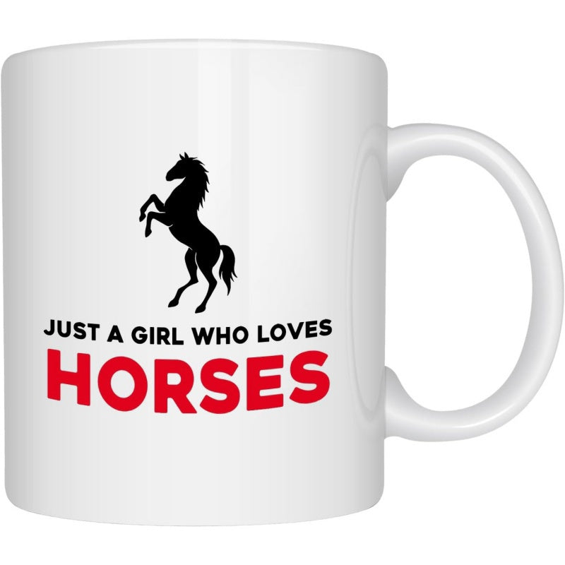 Tailorly White Ceramic 11 oz Mug - Just A Girl Who Loves Horses Elegant Rearing Wild Stallion Silhouette Standing Tall With Majestic Graceful Spirit Horse