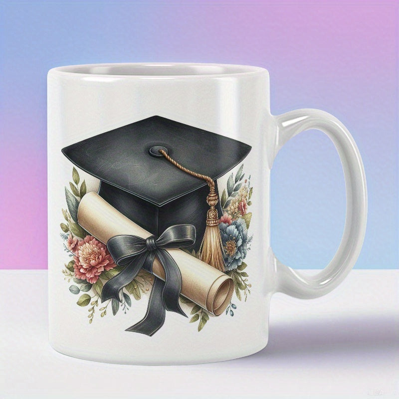 Tailorly White Ceramic 11 oz Mug - Academic Mortarboard Resting On Elegant Flowers With Tied Ribbon And Scroll Cap