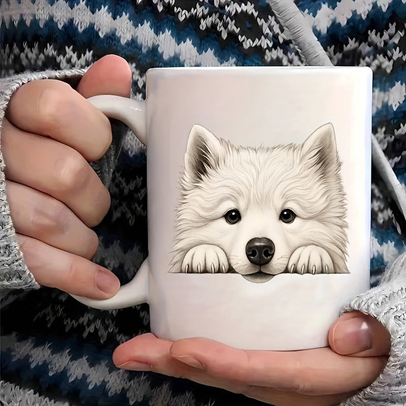 Tailorly White Ceramic 11 oz Mug - Adorable Fluffy White Puppy Peeking Over Edge With Paws Curious Dog