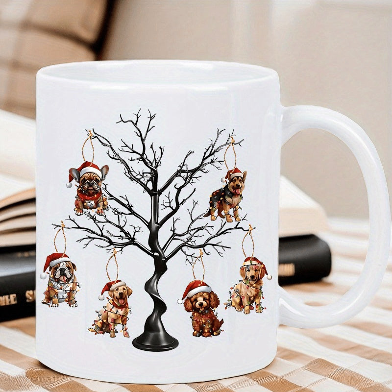 Tailorly White Ceramic 11 oz Mug - Festive Christmas Dogs Wearing Santa Hats Hanging From Bare Winter Tree