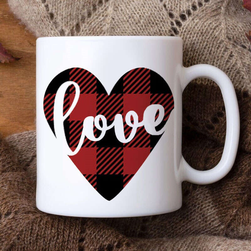 Tailorly White Ceramic 11 oz Mug - Love Red And Black Buffalo Plaid Pattern Inside A Large Rustic Heart Mug