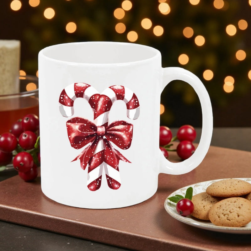 Tailorly White Ceramic 11 oz Mug - Festive Red And White Striped Treats Tied With A Silk Bow Candy Cane