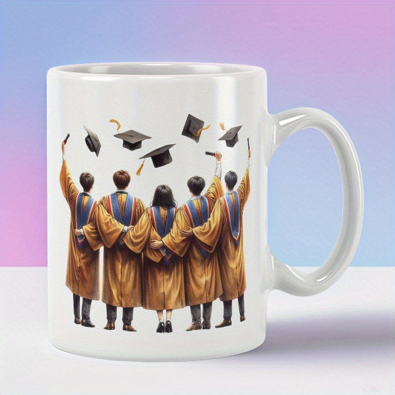Tailorly White Ceramic 11 oz Mug - Group Of Friends In Golden Gowns Celebrating Their Graduation Ceremony Graduates