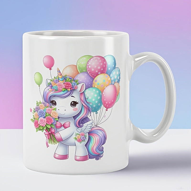 Tailorly White Ceramic 11 oz Mug - Magical Chibi Character Holding Colorful Floral Bouquet With Floating Festive Balloons Unicorn