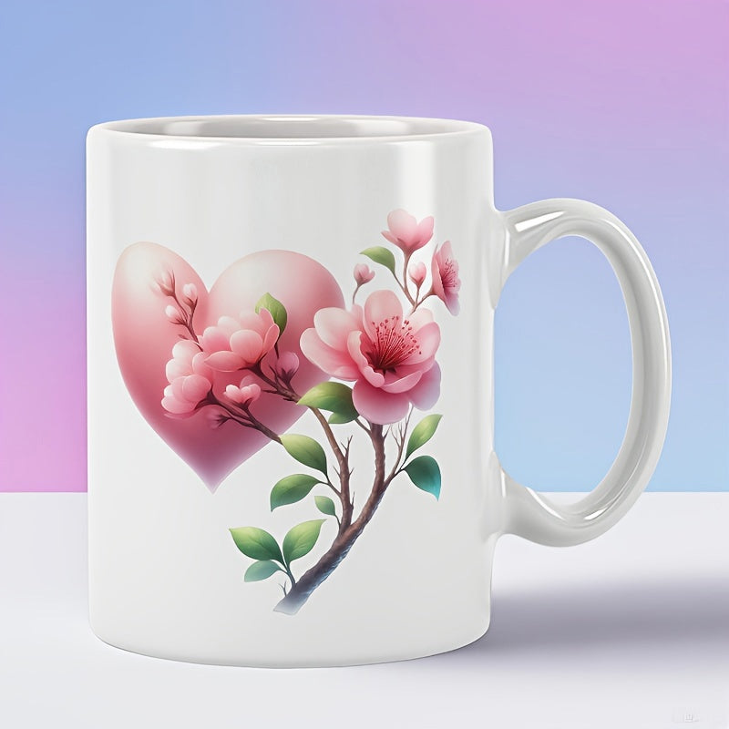 Tailorly White Ceramic 11 oz Mug - Soft Pink Heart Background Featuring Delicate Blooming Branches Among Green Leaves Cherry Blossom