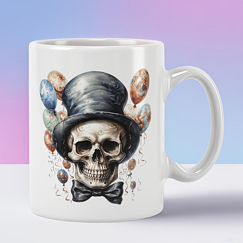 Tailorly White Ceramic 11 oz Mug - Vintage Gentleman With Colorful Floating Balloons And Stylish Black Top Hat Skull