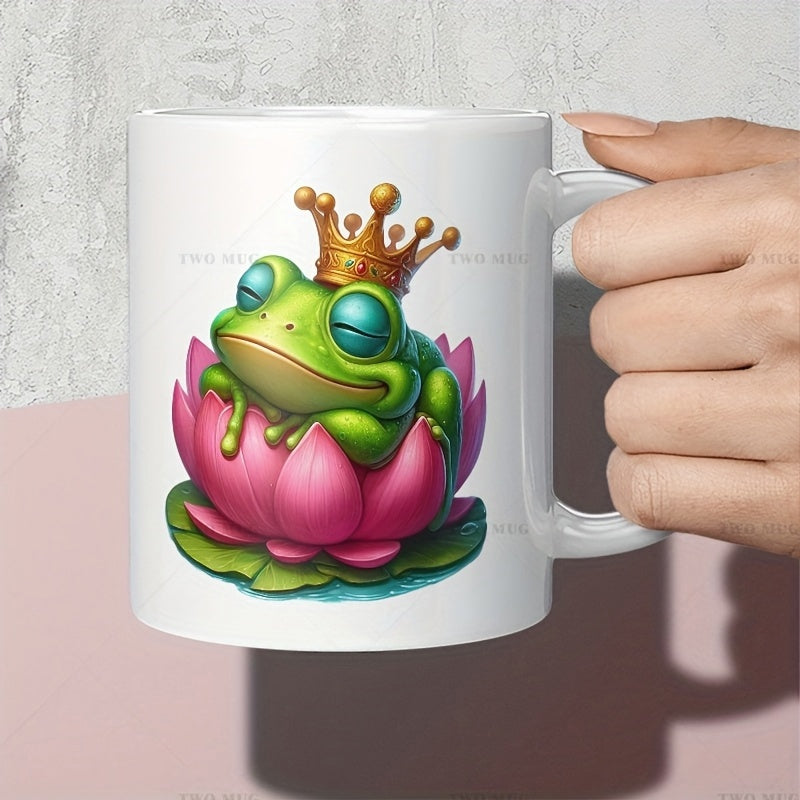 Tailorly White Ceramic 11 oz Mug - Adorable Prince Wearing Golden Crown Resting Inside Vibrant Pink Lotus Blossom Frog