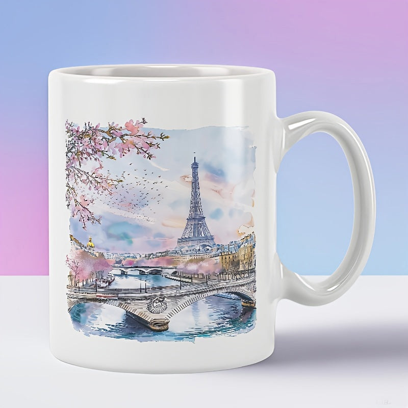 Tailorly White Ceramic 11 oz Mug - Watercolor Paris Scene Featuring Cherry Blossoms And Bridge Over Seine River Tower