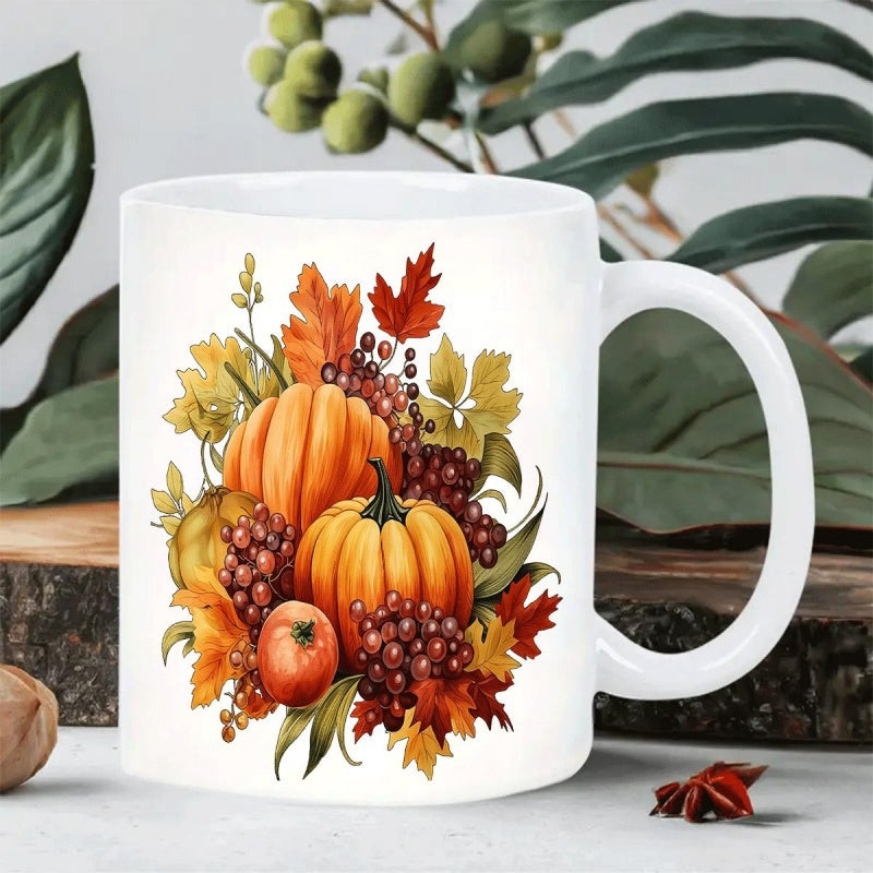 Tailorly White Ceramic 11 oz Mug - Autumn Harvest Arrangement With Vibrant Maple Leaves And Berries Surrounding Pumpkins