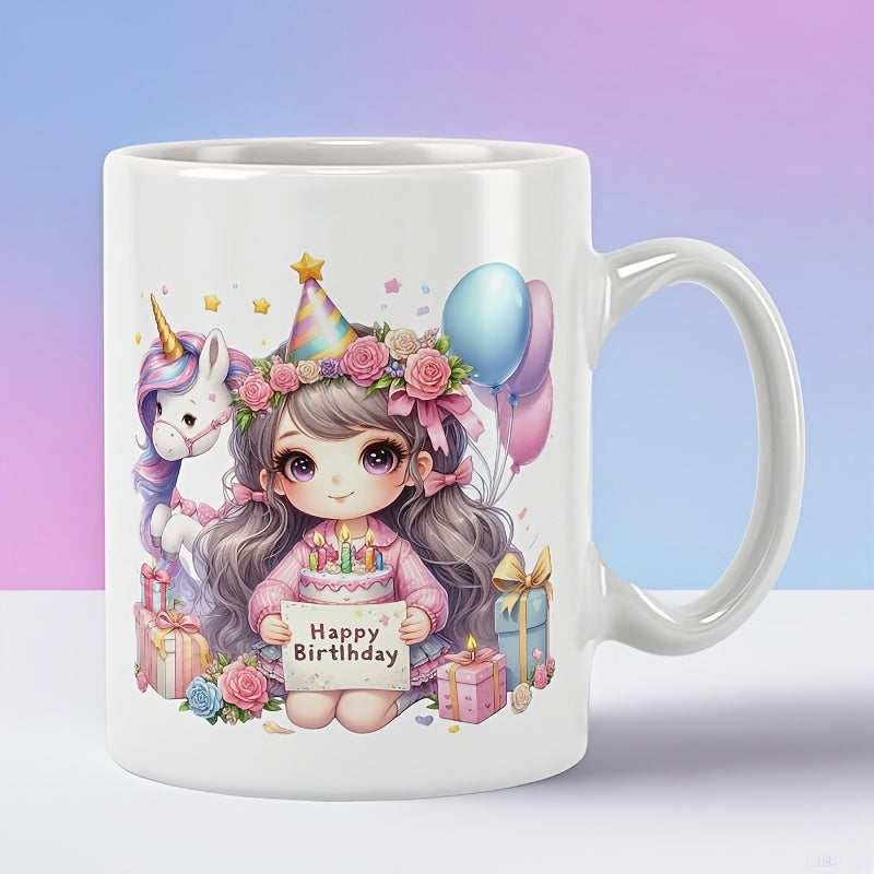Tailorly White Ceramic 11 oz Mug - Happy Birthday Adorable Anime Character With Unicorn And Balloons Among Decorative Birthday Gifts Girl