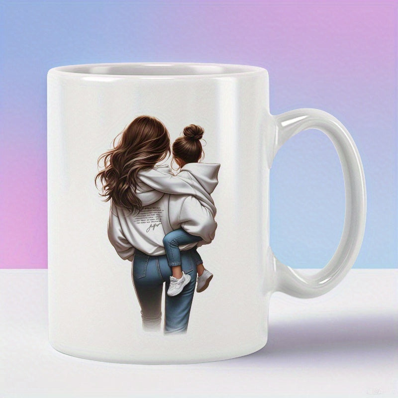 Tailorly White Ceramic 11 oz Mug - Loving Mother Carrying Little Daughter Wearing Matching White Hoodies Mother