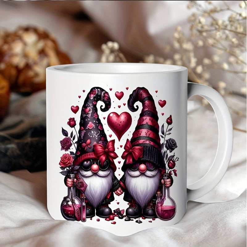 Tailorly White Ceramic 11 oz Mug - Romantic Garden With Red Hearts And Roses Holding Potion Bottles Gnomes