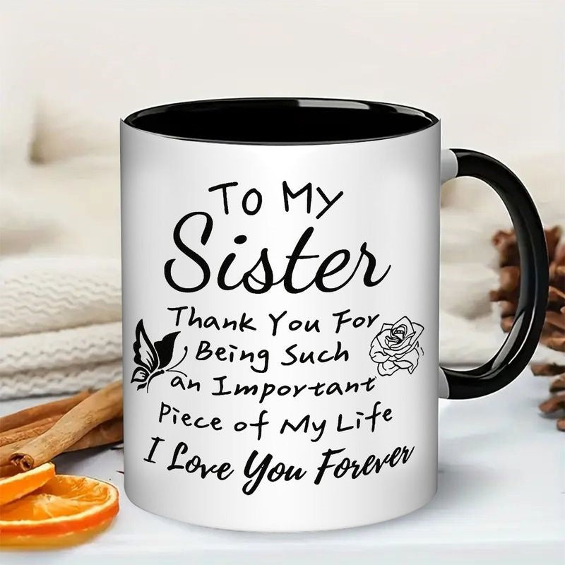 Tailorly Black Accent 11 oz Mug - message "11oz to my sister"