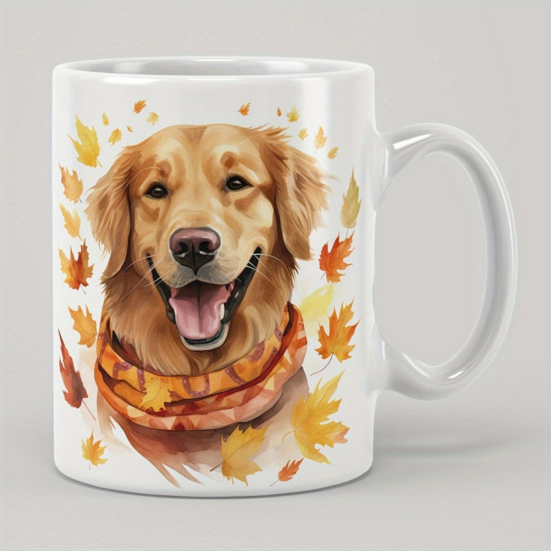 Tailorly White Ceramic 11 oz Mug - Happy Smiling Golden Retriever Wearing Scarf Among Falling Autumn Maple Leaves Dog
