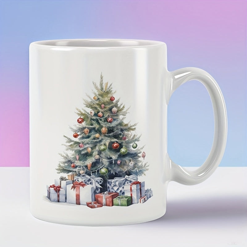 Tailorly White Ceramic 11 oz Mug - Decorated Evergreen Featuring Colorful Ornaments Above Wrapped Festive Holiday Gift Boxes Tree