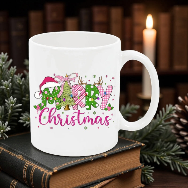 Tailorly White Ceramic 11 oz Mug - Merry Christmas Festive Patterns With Santa Hat And Christmas Tree On
