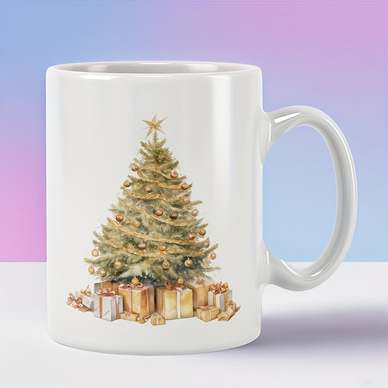 Tailorly White Ceramic 11 oz Mug - Watercolor Snowy Evergreen Decorated With Golden Stars And Wrapped Gifts Christmas Tree