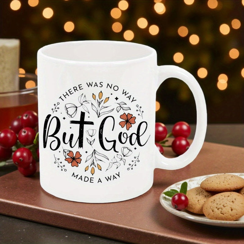 Tailorly White Ceramic 11 oz Mug - There Was No Way But God Made A Way Minimalist Line Art Flowers Surrounding A Traditional Christian Cross Mug