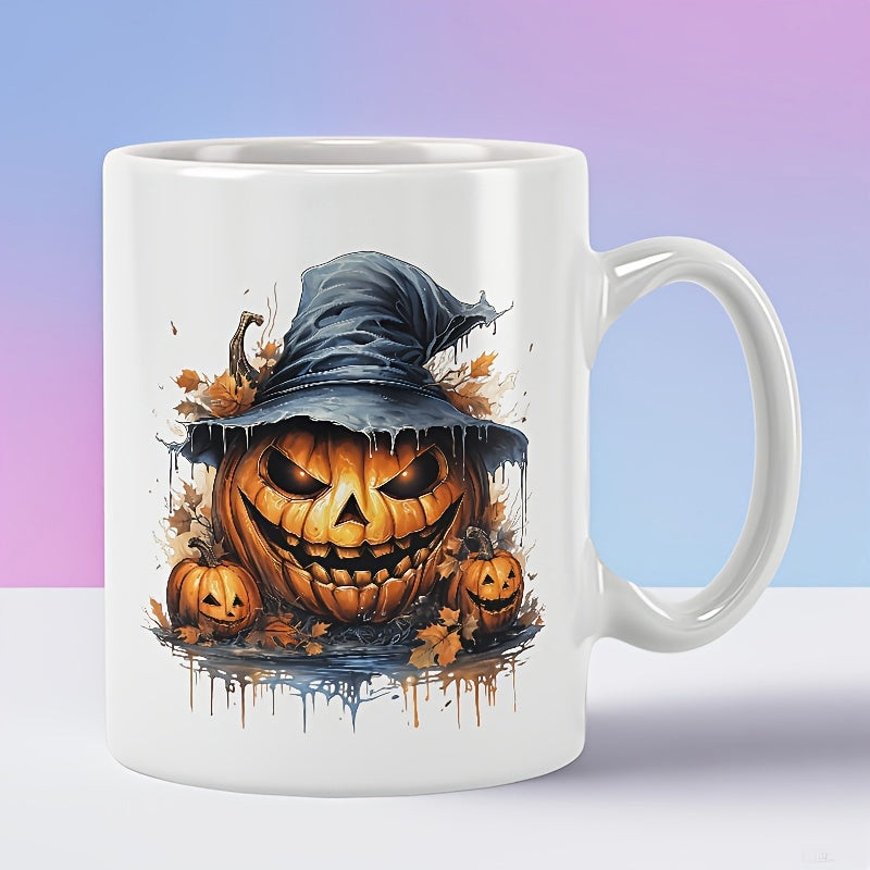 Tailorly White Ceramic 11 oz Mug - Spooky Grinning Jack O Lantern With Tattered Dark Witch Hat Pumpkin