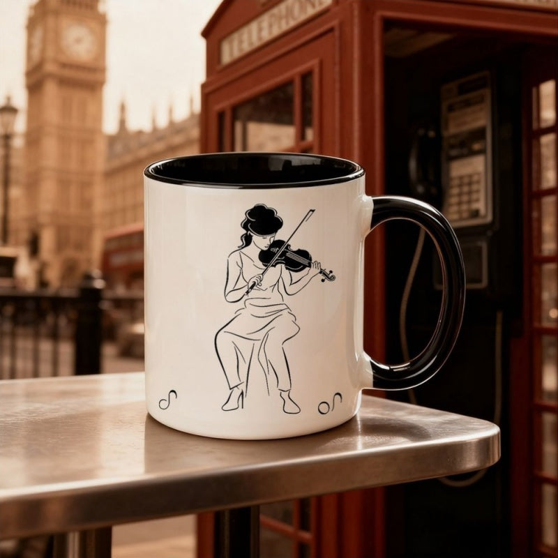 Tailorly Black Accent 11 oz Mug - drawing of woman playing violin