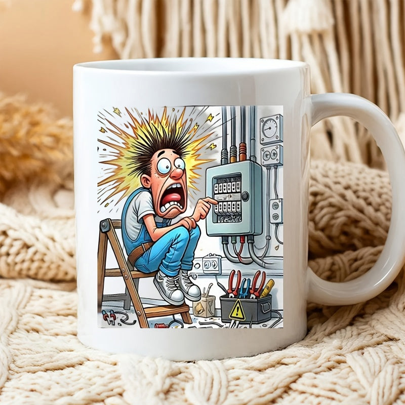 Tailorly White Ceramic 11 oz Mug - Shocked Cartoon Worker On Ladder Near Open Electrical Box Electrician