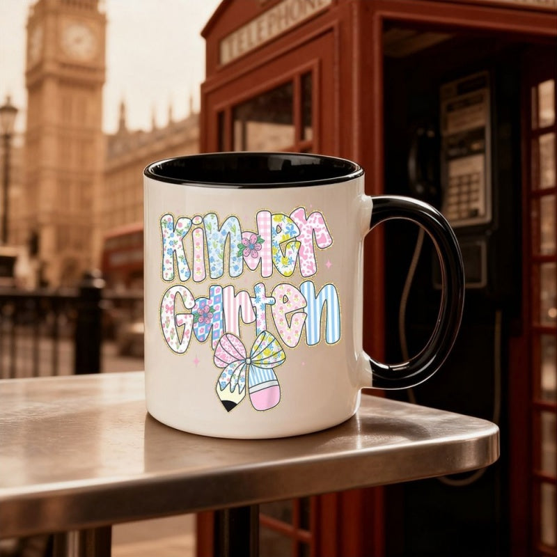 Tailorly Black Accent 11 oz Mug - colorful gingham pattern kindergarten whimsical bubble font