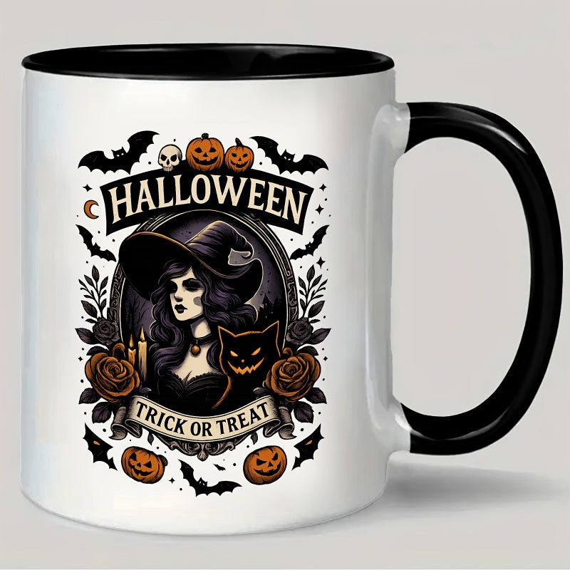Tailorly Black Accent 11 oz Mug - goth witch with black cat， bat， pumpkin lantern， and trick or treat design