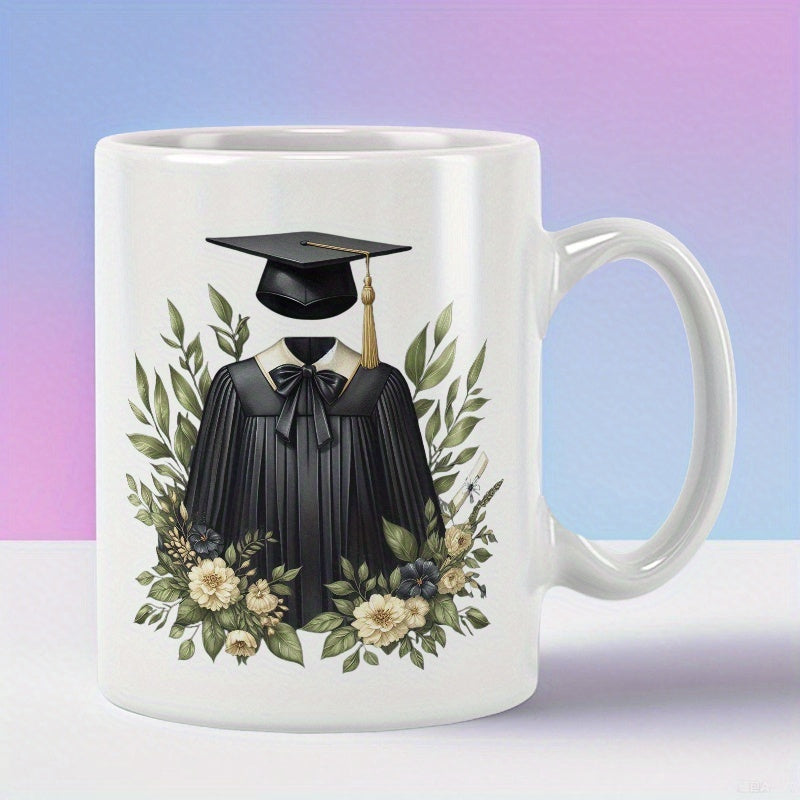 Tailorly White Ceramic 11 oz Mug - Elegant Black Academic Attire Surrounded By Greenery And Delicate Blossoms Gown