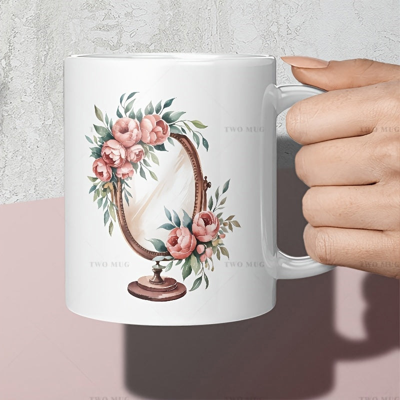 Tailorly White Ceramic 11 oz Mug - Your Text Vintage Oval Frame Adorned With Blooming Pink Roses And Green Leaves Mirror