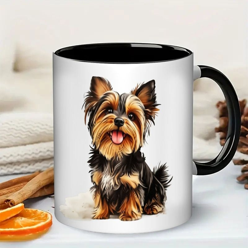 Tailorly Black Accent 11 oz Mug - yorkie puppy coffee mug with cute yorkshire terrier dog illustration