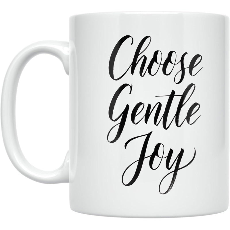 Tailorly White Ceramic 11 oz Mug - Choose Gentle Joy Minimalist Ceramic Vessel With Elegant Script Lettering Centered Mug