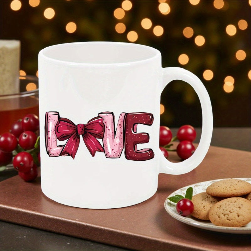 Tailorly White Ceramic 11 oz Mug - Love Pink And Maroon Artistic Letters Decorated With A Beautiful Red Bow Love