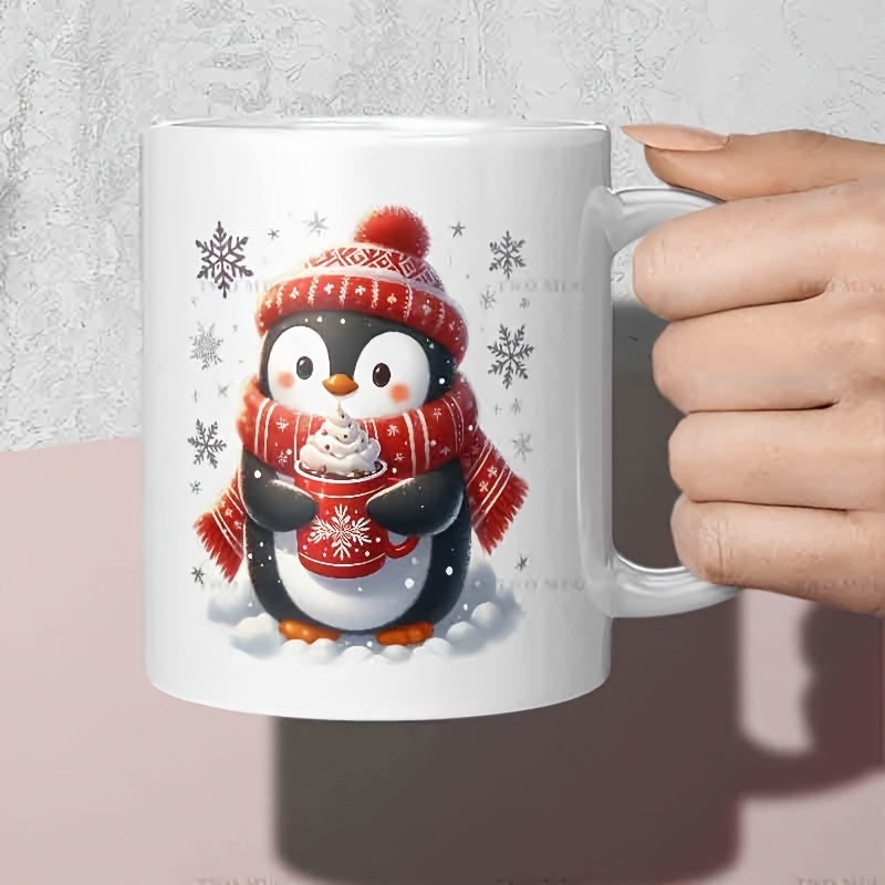Tailorly White Ceramic 11 oz Mug - Adorable Cartoon Winter Animal Holding Hot Cocoa Cup With Snowflakes Flurry Penguin