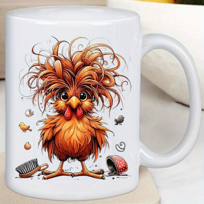 Tailorly White Ceramic 11 oz Mug - Funny Stylized Brown Bird With Wild Messy Hair And Large Eyes Chicken