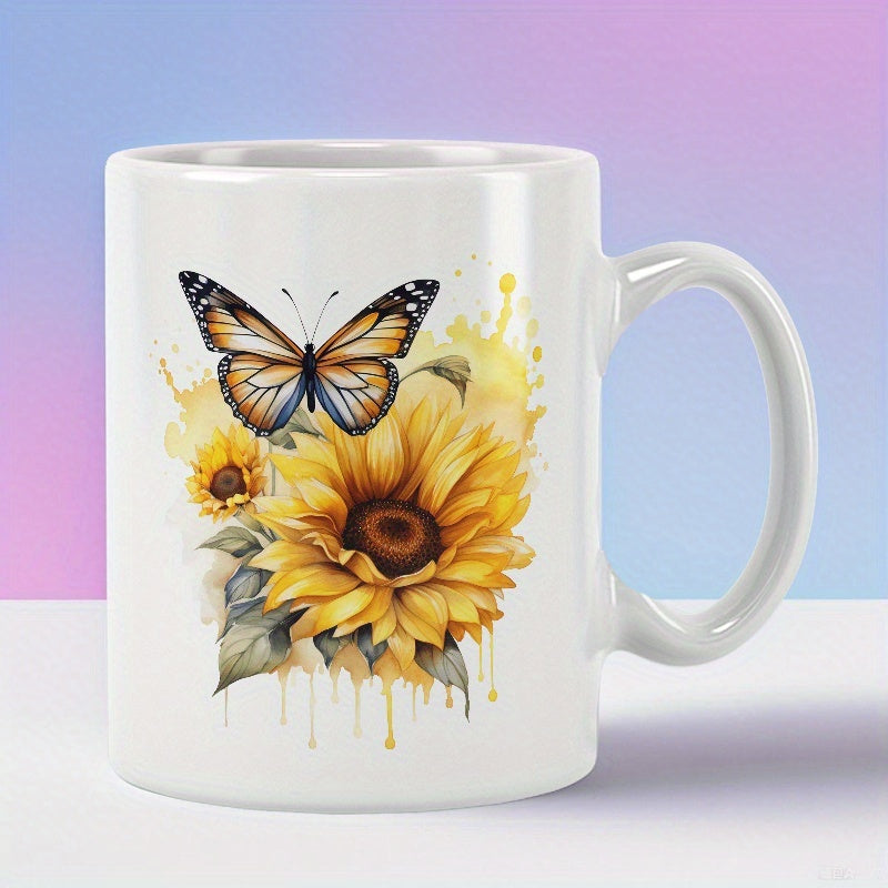 Tailorly White Ceramic 11 oz Mug - Beautiful Watercolor Sunflower With Vibrant Yellow Petals Under A Graceful Monarch Butterfly