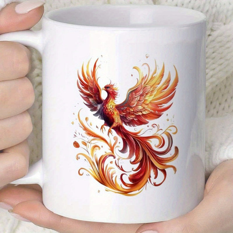 Tailorly White Ceramic 11 oz Mug - Majestic Mythical Firebird Rising With Vibrant Orange And Gold Fiery Feathers Phoenix
