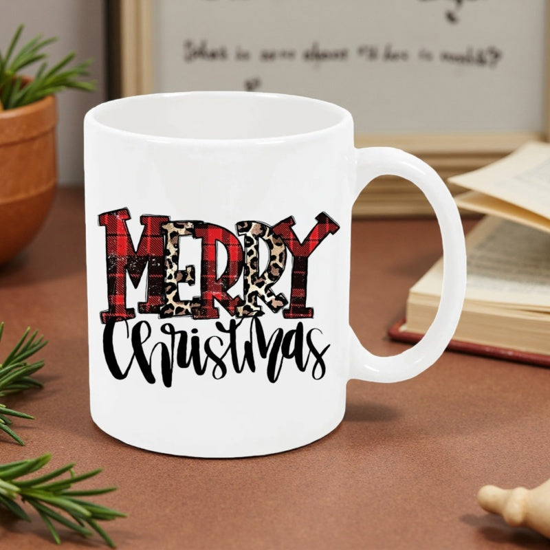 Tailorly White Ceramic 11 oz Mug - Merry Christmas Festive Red Buffalo Plaid Combined With Wild Leopard Pattern Script Sign