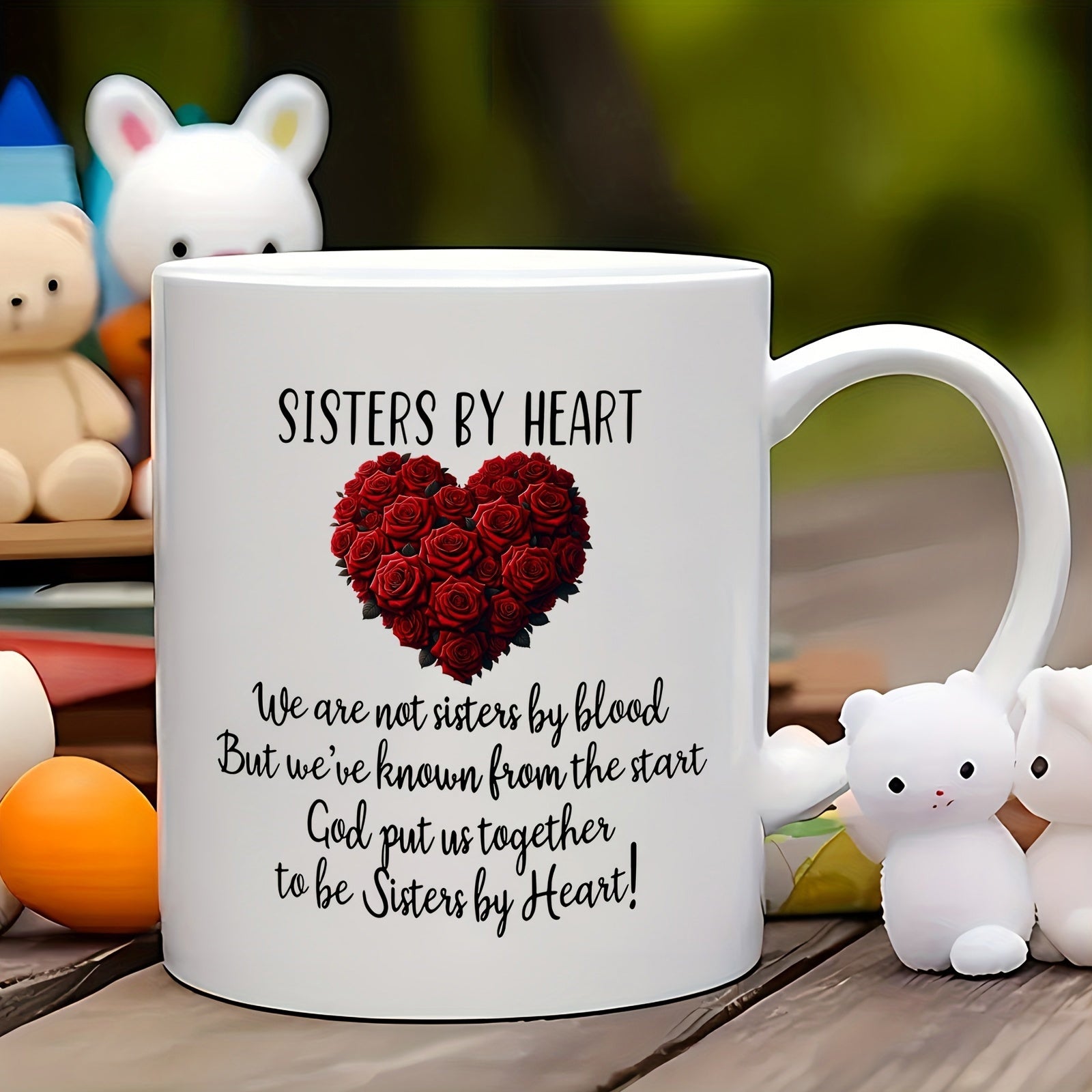 Tailorly White Ceramic 11 oz Mug - Sisters By Heart Vibrant Red Roses Arranged In A Romantic Delicate Floral Heart
