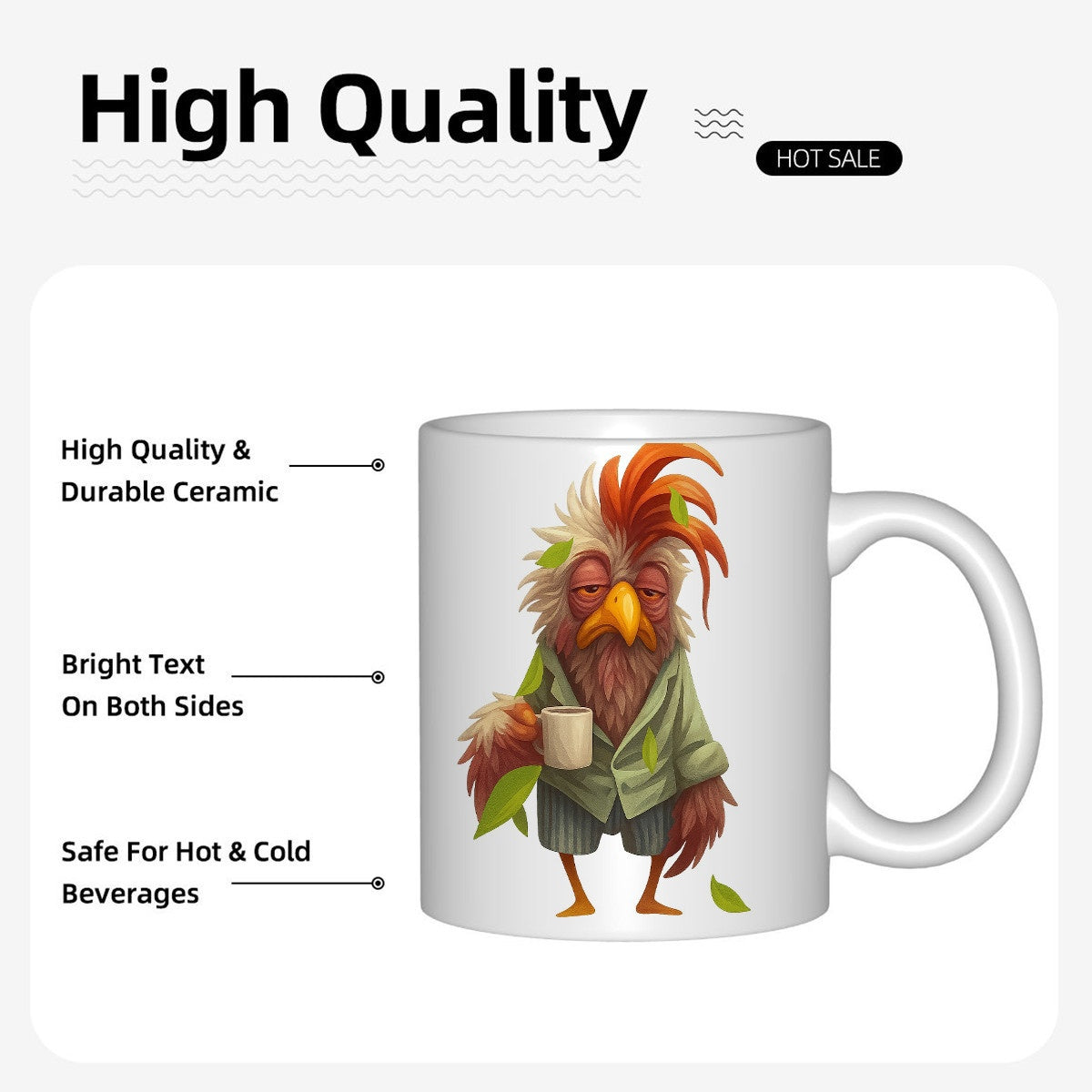 Tailorly White Ceramic 11 oz Mug - Tired Cartoon Bird Wearing Green Jacket Holding Small Coffee Cup Rooster