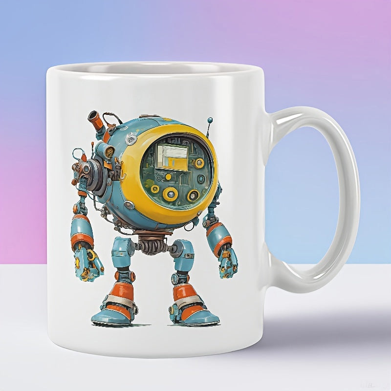 Tailorly White Ceramic 11 oz Mug - Round Mechanical Droid With Industrial Teal And Yellow Metal Body Standing Robot