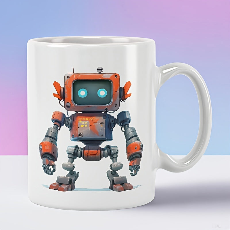 Tailorly White Ceramic 11 oz Mug - Weathered Mechanical Rusty Orange Android With Glowing Blue Eyes Standing Upright Robot